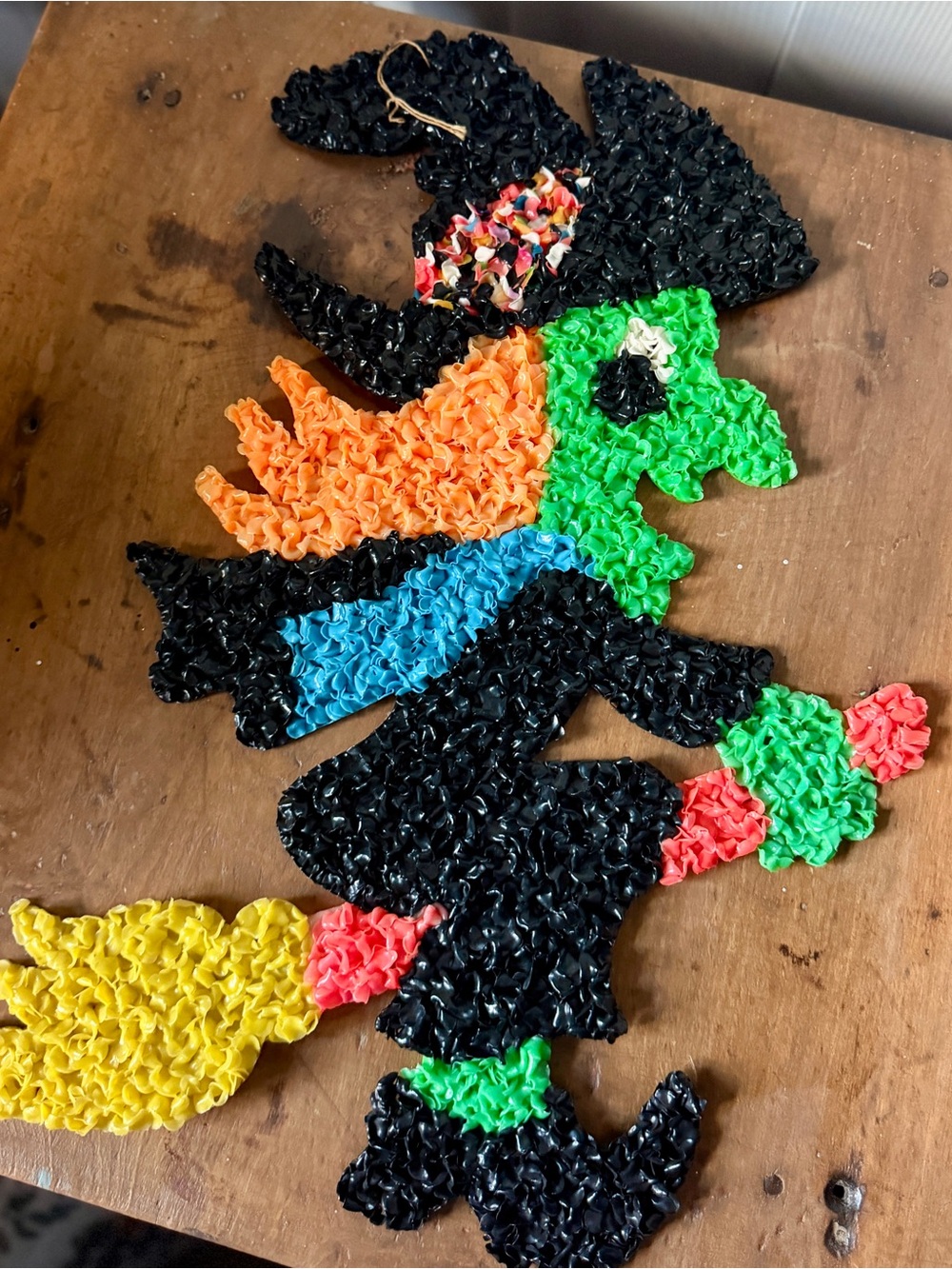 Vintage Melted Popcorn Plastic Halloween Witch on Broom Wall Decoration
